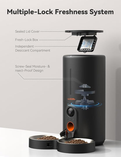 WOPET Automatic Cat Feeder with Camera for Two Cats, 6L Smart Pet Feeder with 1080P HD Video & Night Vision, 5G/2.4G WiFi Cat Dog Feeder, 2-Way Audio, SD Card Storage, Up to 10 Meals per Day