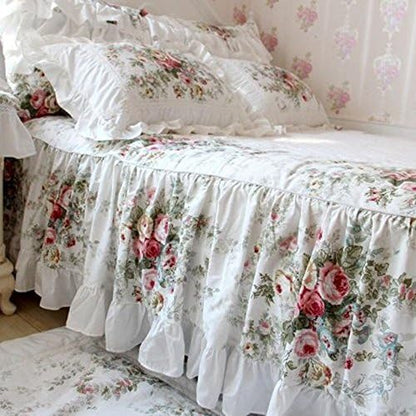 FADFAY Farmhouse Bedding Elegant and Shabby Vintage Rose Floral Duvet Cover Bedskirt Lovely White Lace and Ruffle Style Exquisite Craft 100% Cotton,Full Size 4-Pieces