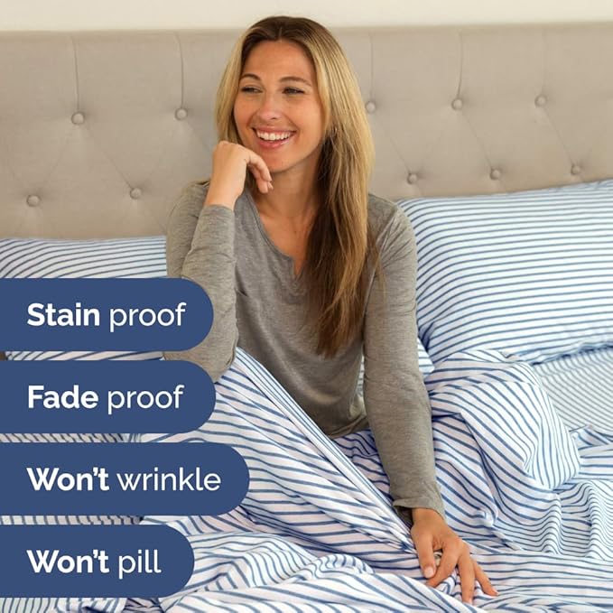 Full XL Bed Sheet - 4 Piece Full XL Bed Sheets Set - Soft, Breathable & Cooling - Hotel Luxury Bedding for Women, Men, Kids, Teens, Boys & Girls - Deep Pockets, Fade and Wrinkle Free - Blue Stripes