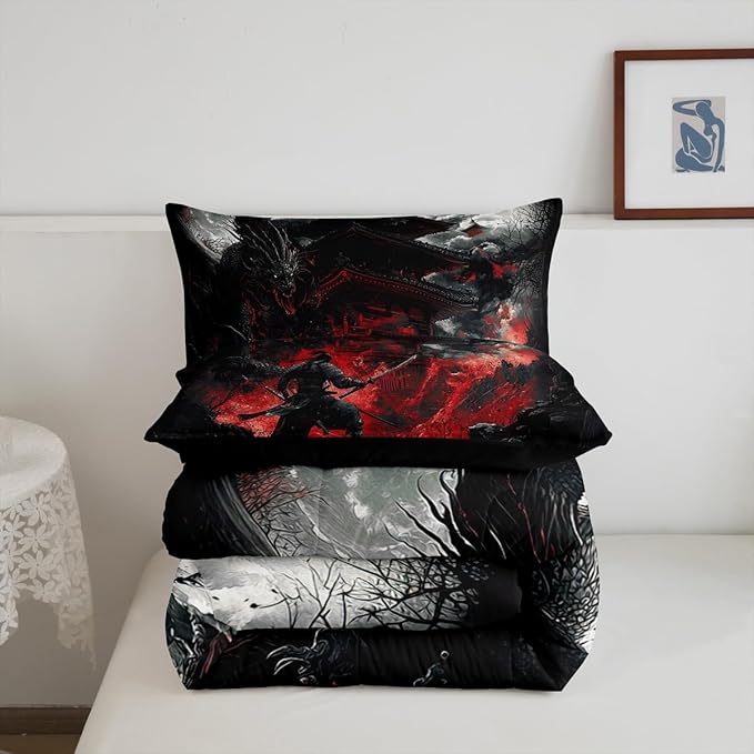 Feelyou Dragon Comforter Set Toddler Size Japanese Style Comforter for Boys Girls Teens Samurai Bedding Set Dragon Decor Duvet Set Room Decor Black Red Quilt Set