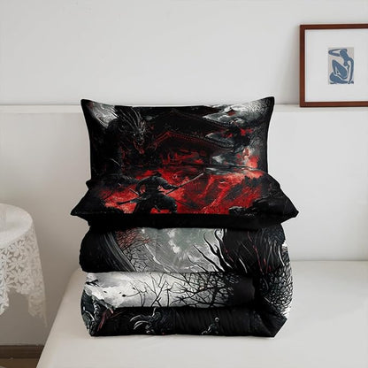 Feelyou Dragon Comforter Set Toddler Size Japanese Style Comforter for Boys Girls Teens Samurai Bedding Set Dragon Decor Duvet Set Room Decor Black Red Quilt Set