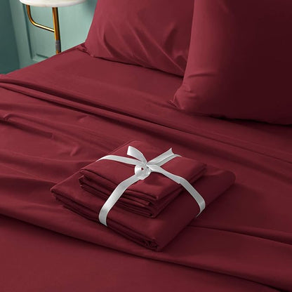 BYSURE 6 Pieces Bed Sheets Set(Full, Burgundy) - Hotel Luxury Super Soft 1800 Thread Count 100% Microfiber Sheets with Deep Pockets, Wrinkle & Fade Resistant