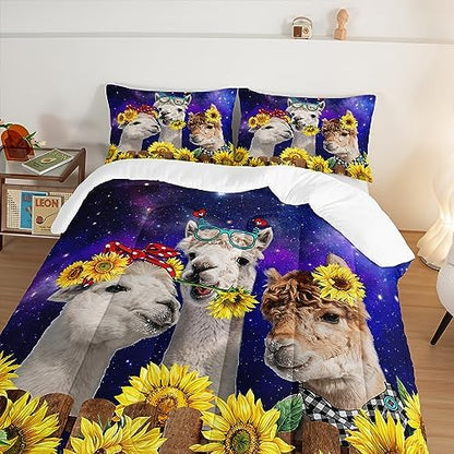 HOSIMA Funny Llama Twin Comforter Set,Alpacas Bedding Sets Animal Theme Room Decor.Soft Microfiber Star Galaxy Sunflower Full Size Bed in a Bag for Boys Girls Children Teens Dorm Room Essentials.