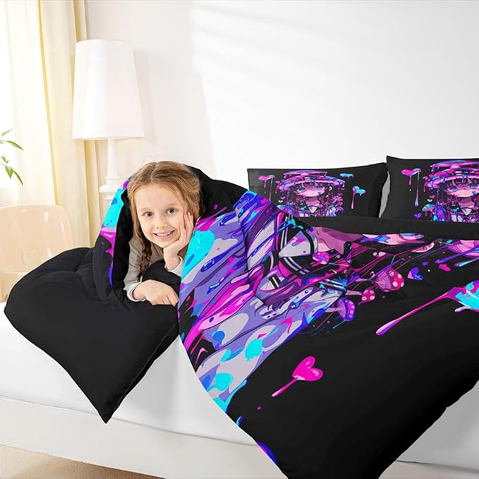 Erosebridal Mushroom Girl Comforter Set for Kids Boys Girls 3D Japanese Girly Bedding Watercolor Graffiti Duvet Set Cute Anime Gifts Comforter Queen with 2 Pillowcases