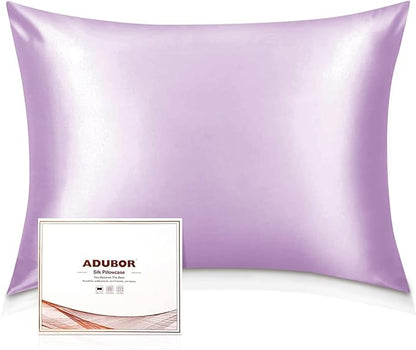 Adubor 100% Mulberry Silk Pillowcase for Hair and Skin with Hidden Zipper, Both Side 22 Momme Silk, 900 Thread Count(20x26 inches, Standard Size, Light Purple, 1pc)