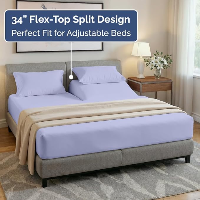 Flex Top Split Head King 4 Piece Sheet Set - Comfy Breathable & Cooling Bed Sheets Set - Hotel Luxury Bedding for Women, Men, Kids, Teens, Boys & Girls - Deep Pockets, Ultra-Soft - Oeko-Tex - Lavender