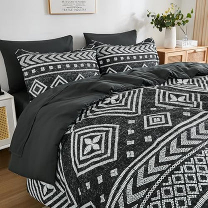 Yiran Black Comforter Set Full Size, Boho Aztec Comforter Bedding Set, 7 Piece Bohemian Summer Bed in a Bag, Soft Microfiber Striped Complete Bedding Set with Sheets for All Season