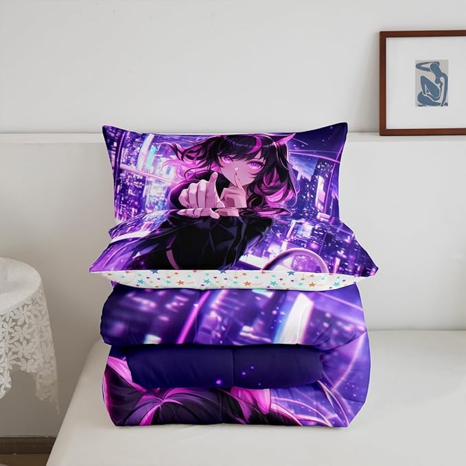 Erosebridal Kids Anime Girl Queen Size Bedding Set, Japanese Anime Comforter Set, Cartoon Girl Duvet Insert for Boys Teens Bedroom Decor, Kawaii Japanese Animation Quilt with 2 Pillow Cases
