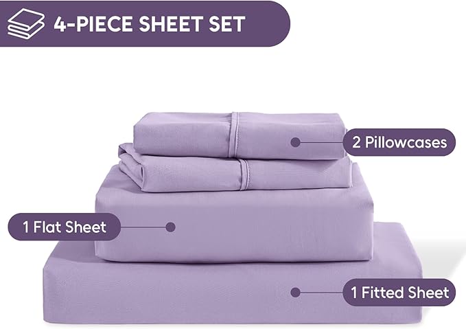 King Size Sheets Set, 4 Pieces Hotel Luxury Soft Microfiber Bed Sheets Set, Up to 16" Deep Pockets, Oeko-Tex Sheets with Elastic, Breathable, Wrinkle Free (Purple, King)
