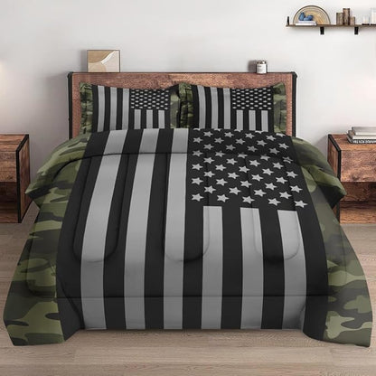 King Size Comforter Set with 2 Pillowcases, Black Military Camouflage American Flag Soft 3 Pcs Bedding for Kids and Adults Bedroom Bed Decor
