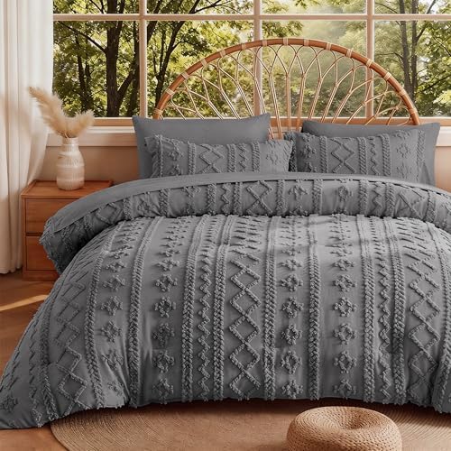 MR&HM Twin XL Comforter Set 5 Pieces Dark Grey, Boho Tufted Bed for Dorm
