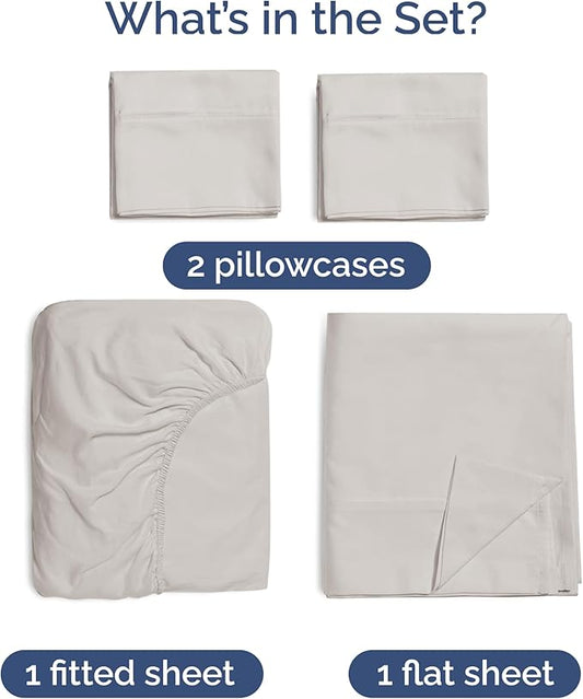 100% Rayon Derived From Bamboo - Bamboo Sheets Queen Size - Cooling Sheets for Queen - Soft, Breathable & Hotel Luxury Bedding - 1 Flat & 1 Fitted & 2 Pillowcases w/ 16 Inch Deep Pockets - Light Grey