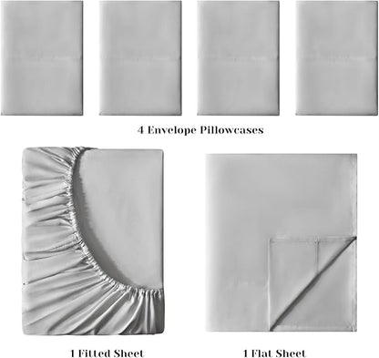 BYSURE 6 Pieces Bed Sheets Set(Queen, Light Gray) - Hotel Luxury Super Soft 1800 Thread Count 100% Microfiber Sheets with Deep Pockets, Wrinkle & Fade Resistant