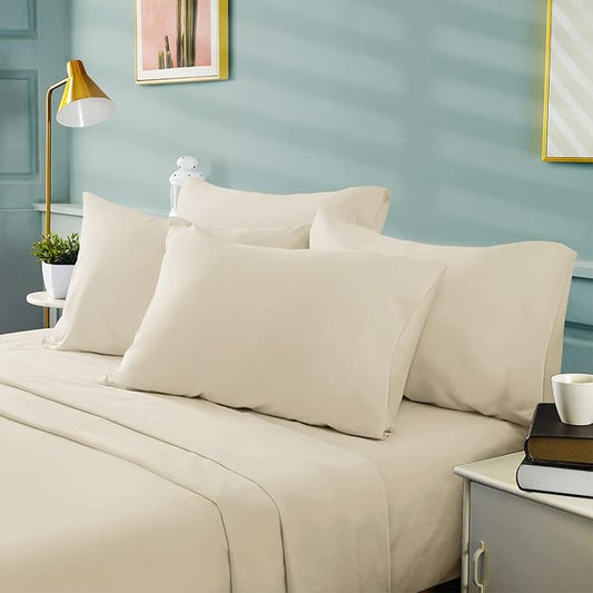 BYSURE 6 Pieces Bed Sheets Set(Queen, Cream/Beige) - Hotel Luxury Super Soft 1800 Thread Count 100% Microfiber Sheets with Deep Pockets, Wrinkle & Fade Resistant