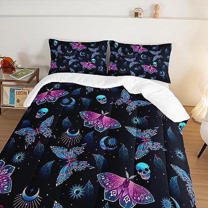 HOSIMA Halloween Comforter for Queen Size Bed,Goth Bedding Set Black Comforter Skull Butterfly Bed in a Bag Queen Size for Adults Boys Girls Halloween Room Decor Dark Academia Bedding.