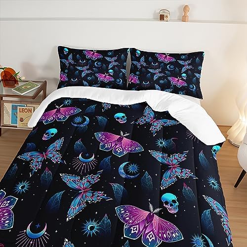 HOSIMA Halloween Full Size Comforter Sets Skull Butterfly Bed Set,Goth Bedding Set Black Comforter Full Size Bed in a Bag for Adults Boys Girls Halloween Room Decor Dark Academia Bedding.