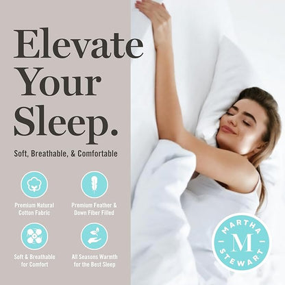 Martha Stewart Goose Feather Down Fiber Cotton Comforter Queen Size, Feather Duvet Insert Queen, Hotel Collection Hypoallergenic Comforter 50oz Light Warmth 90 x 90 Inch White