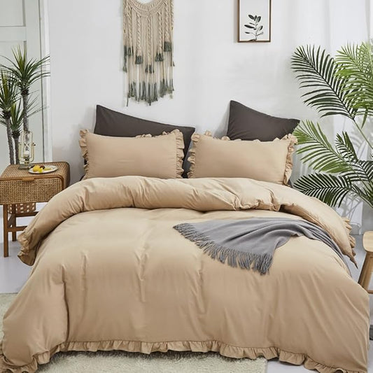 CLOTHKNOW Taupe Ruffle Queen Comforter Set Champagne Bedding Comforter Sets Soft Shabby Chic Farmhouse Comforter with 2 x Pillow Cases