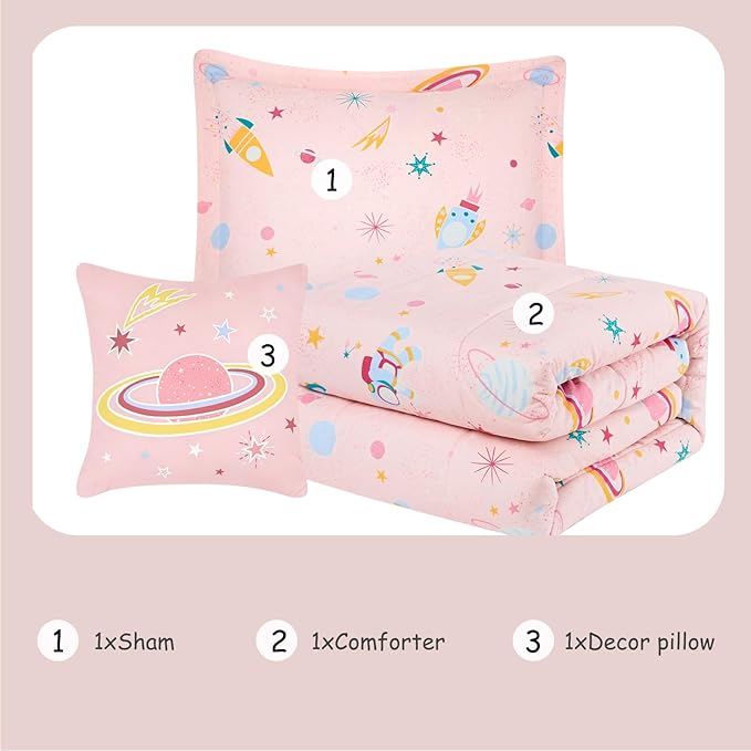 Twin Comforter Set for Girls - 3 Pieces Space Twin XL Bedding Set with 1 Comforter, 1 Decor Pillow, 1 Pillow Sham