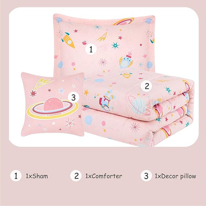 Twin Comforter Set for Girls - 3 Pieces Space Twin XL Bedding Set with 1 Comforter, 1 Decor Pillow, 1 Pillow Sham
