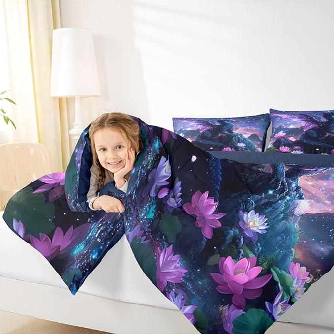 Feelyou Dragon Kids Comforter Set Twin Size Dragon Stuff Bedding Set Wild Life Duvet Quilt for Kids Boys Girls Bedroom Magic Wildlife Decor Blue Purply Ultra Soft Breathable