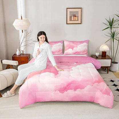 Moon and Stars Comforter Set Queen,Pink White Tie Dye Bedding Set for Girls Women Room Decor Reversible Aesthetic Marble Down Alternative,Galaxy Space Quilted Duvet Insert Cute Warm All Season