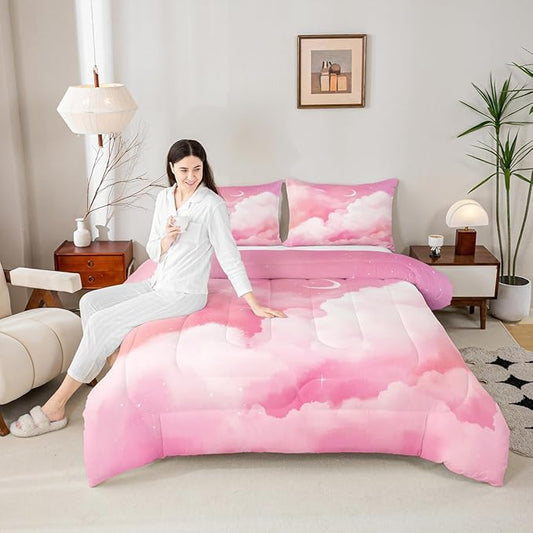 Moon and Stars Comforter Set Queen,Pink White Tie Dye Bedding Set for Girls Women Room Decor Reversible Aesthetic Marble Down Alternative,Galaxy Space Quilted Duvet Insert Cute Warm All Season