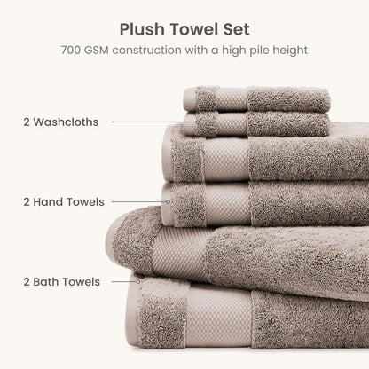 BIOWEAVES 100% Organic Cotton 700 GSM Plush 6-Piece Premium Towel Set GOTS Certified, 2 Bath Towels, 2 Hand Towels & 2 Washcloths - Taupe