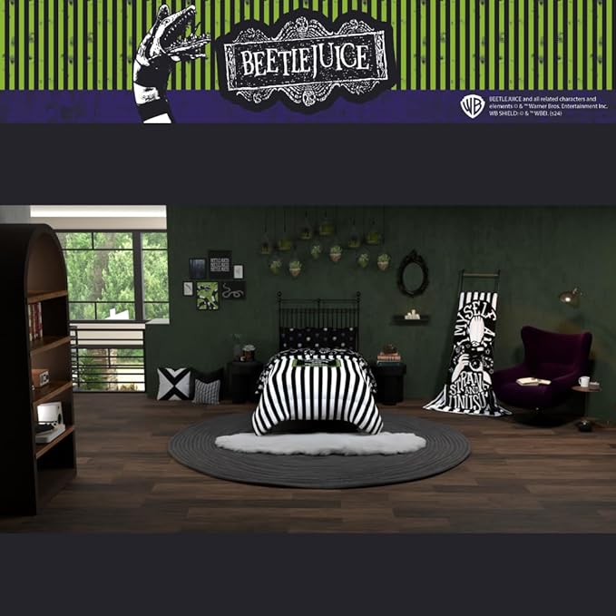 Franco Collectibles Beetlejuice Halloween Striped Bedding 4 Piece Super Soft Comforter and Sheet Set, Twin, (Officially Licensed Product)