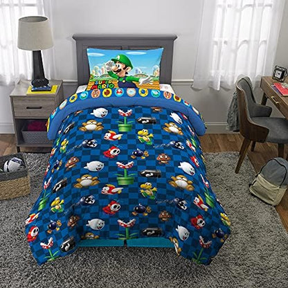 Super Mario Kids Twin Size Bedding, 4 Piece Super Soft Cozy Reversible Comforter and Sheet Set, (Officially Licensed Product) By Franco