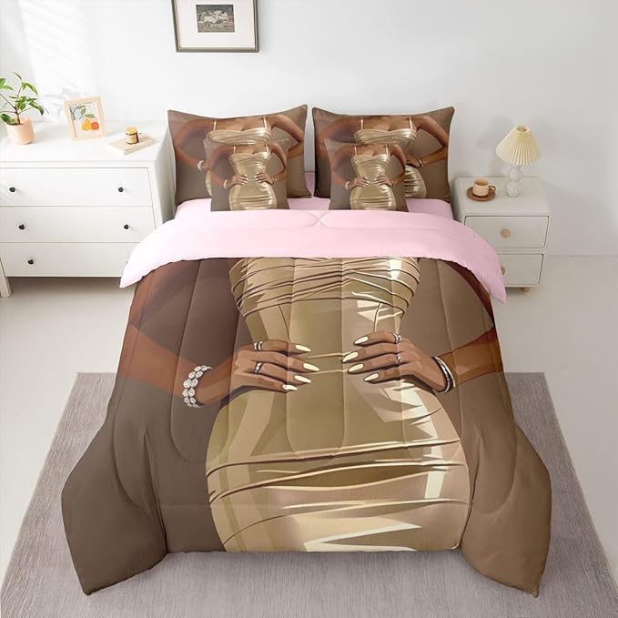 Erosebridal Fashion Black Woman Comforter Sets 7 Piece for Kids Vogue Black Girls King Sheet Set Fashionable Gorgeous Bedding Set for Girls Women Teens Romantic Fashion Theme Bed in A Bag