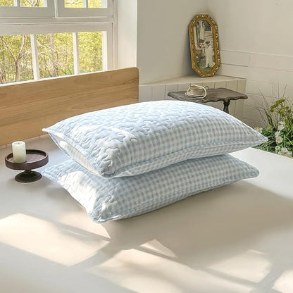 NSNLGSGC Light Blue Gingham Twin Quilt Set, Soft Pre-Washed Microfiber Blue Plaid Twin Bedspread, Lightweight Checked Summer Quilt, Grid Bedding Coverlets for All Seasons