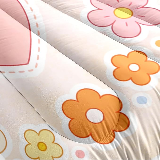 Kids Girls Pink 7-Piece Cat Paw Comforter Sets, Cute Cartoon Heart Flowers Bedding Set Queen Size, Includes 1 Comforter 90"x90", 2 Pillowcases, 1 Fitted Sheet, 1 Flat Sheet, 2 Pillow Shams