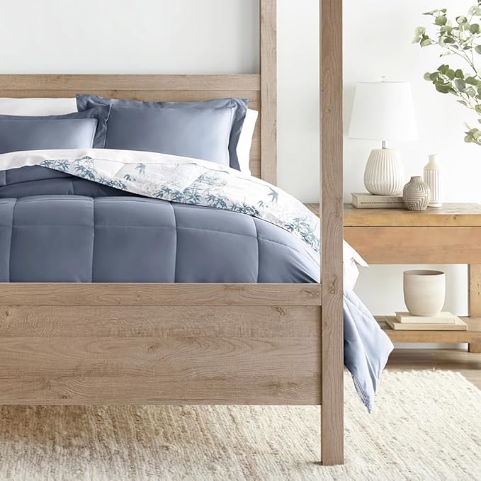 LINENS & HUTCH Comforter Set Patterned Microfiber All Season Down-Alternative Ultra Soft Bedding in Bamboo Leaves Blue - King/Cal-King Bamboo Leaves Blue Stone