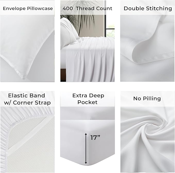Luxury Bamboo Market | Full Size Sheet Set | 100% Viscose Derived from Bamboo | Organically Grown | Ultra Soft | Cooling Sheets for Hot Sleepers | 17" Deep Pocket [Classic White]