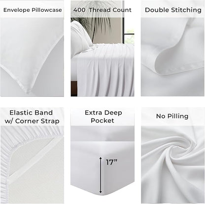 |Twin XL Size Sheet Set | Organically Grown | Ultra Soft & Cooling |100% Viscose | 17" Deep Pocket [White]