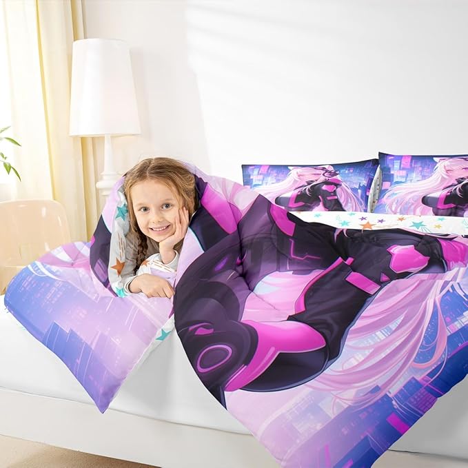 Erosebridal King Anime Girl Comforter Set 3 Piece, Kawaii Japanese Anime Bedding Set Cartoon Girl Bedding Comforter Sets Sci Fi Style Japanese Animation Quilt for Kids Girls Teens Adult Room