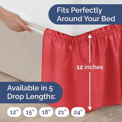 Wrap Around Dust Ruffle Bed Skirt - Red - for King Size Beds with 12 Inch Drop - Easy Fit Elastic Strap - Adjustable Pleated Bedskirt w/Brushed Fabric - Wrinkle Free - for Women, Men, Kids & Teens