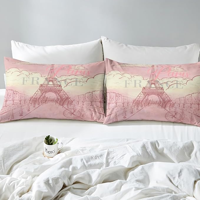 Eiffel Tower Bed Sheets Set Retro Paris Style Fitted Sheet Vintage Cityscape Bedding Set for Bedroom Decor Girls Women Landmark Sheet (Twin Flat Sheet & Fitted Sheet with 1 Pillow Case)