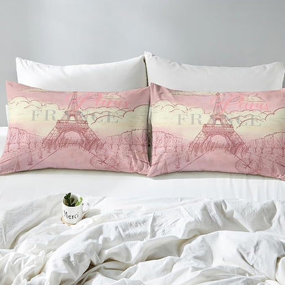 Eiffel Tower Bed Sheets Set Retro Paris Style Fitted Sheet Vintage Cityscape Bedding Set for Bedroom Decor Girls Women Landmark Sheet (Queen Flat Sheet & Fitted Sheet with 2 Pillow Case)