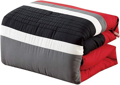 Chezmoi Collection Arden 7-Piece Modern Pleated Stripe Embroidered Zigzag Bedding Comforter Set (Full, Red/Black/Gray/Off-White)