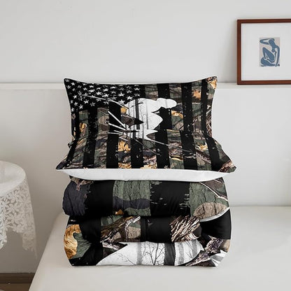 Camo American Flag Comforter Twin Size Bed,Boys Girls Skiing Sports Bedding Comforter Sets,Camouflage Blanket Duvet Set,Rustic Nature Tree Leaves Bedding