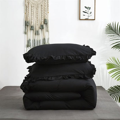Luxlovery Black Ruffle Comforter Champagne Farmhouse Bedding - California King - Shabby Boho Taupe Blanket Quilts - All Black Color Bohemian Comforter Set