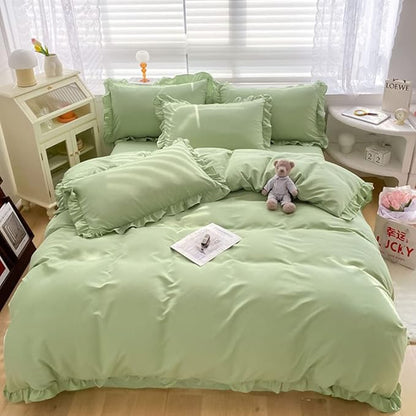 CLOTHKNOW Green Ruffle Queen Comforter Set Farmhouse Bedding Comforter Sets Sage Green Shabby Chic Comforter with 2 x Pillowcases