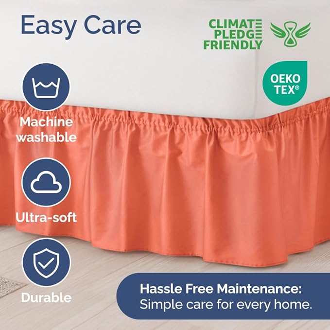 Wrap Around Dust Ruffle Bed Skirt - Coral - for Full Size Beds with 21 Inch Drop - Easy Fit Elastic Strap - Adjustable Pleated Bedskirt w/Brushed Fabric - Wrinkle Free - for Women, Men, Kids & Teens