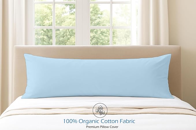 Comfort Beddings Body Pillowcase, 100% Organic Cotton 600 Thread Count Sateen, Soft Cooling Light Blue, 1-Pack, Hidden Zipper Closure, Hotel Quality, Fade & Shrink Resistant, 20 x 60 Inches
