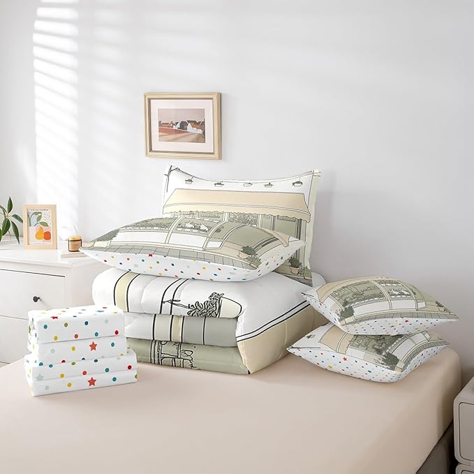 jejeloiu Cute Anime Bedding Set 7Pcs King Size Kids Rabbit Japanese Street Comforter Set with Sheets for Boys Girls Bunny Bed in a Bag Soft Lightweight,Microfiber