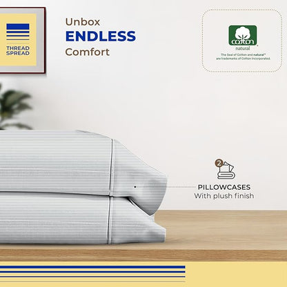 Thread Spread 100% Egyptian Cotton Pillow Cases Queen Size Set of 2 - Luxury 600 Series Bliss Collection Queen Pillow Cases (Silver Grey Stripe), Soft Cooling Hotel Cotton Pillowcases, Sateen Finish
