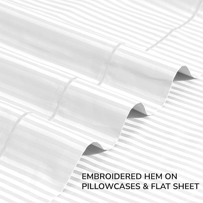Feather & Stitch 500 TC King Size Damask Bed Sheet Set, 100% Cotton Soft Breathable Bedsheets, 4 Piece 18" Deep Pockets Sateen Weave Striped Bedding Mattress Resort Hotel Luxury- (White Stripe)
