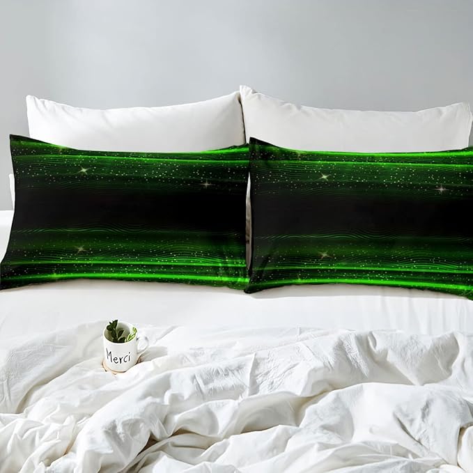 Ombre Stripes Bedding Set King Black Green Outer Space Comforter Modern Gradient Geometric Down Comforter for Kids Boys Girls Teens Adult Soft Quilt Warm Lightweight with 2 Pillowcases Bedroom Decor